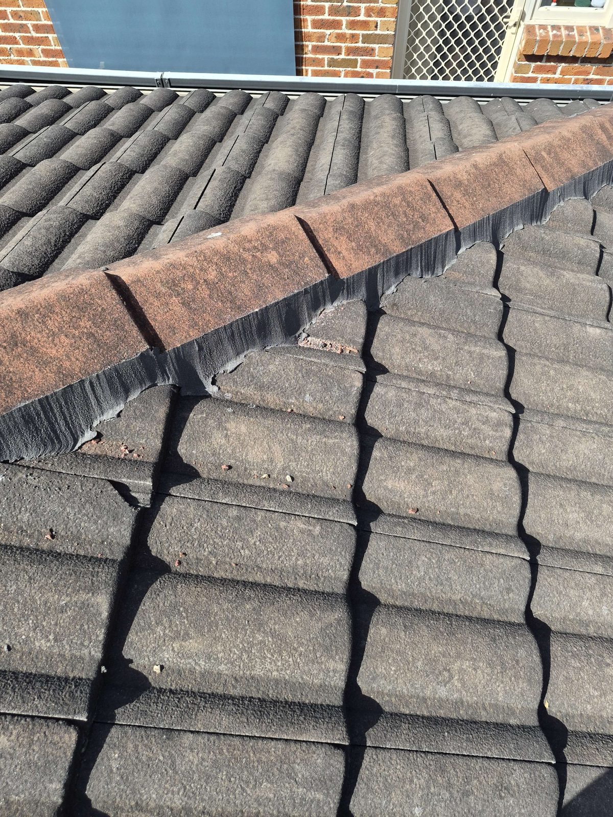 Ridge capping repointing progress showing new grey pointing against original tile colour