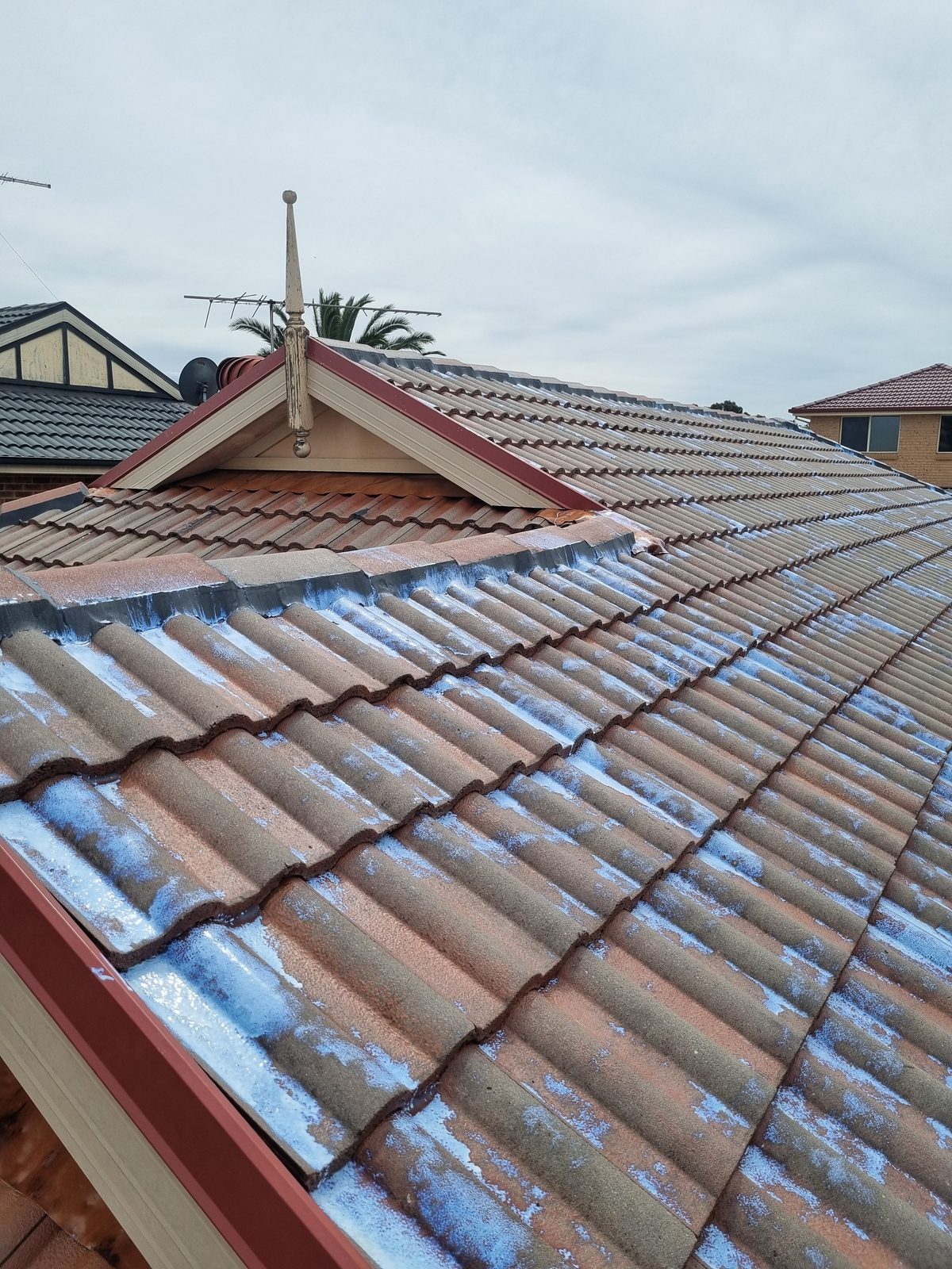Primer coat being applied to a concrete tile roof before the colour top coat