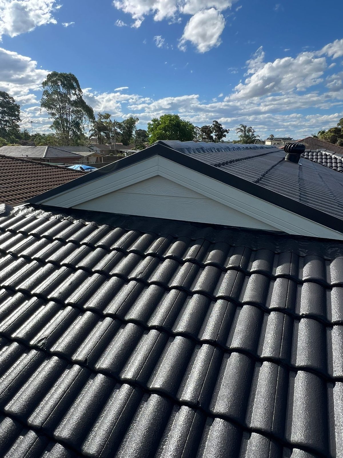 Freshly painted charcoal tile roof under blue sky